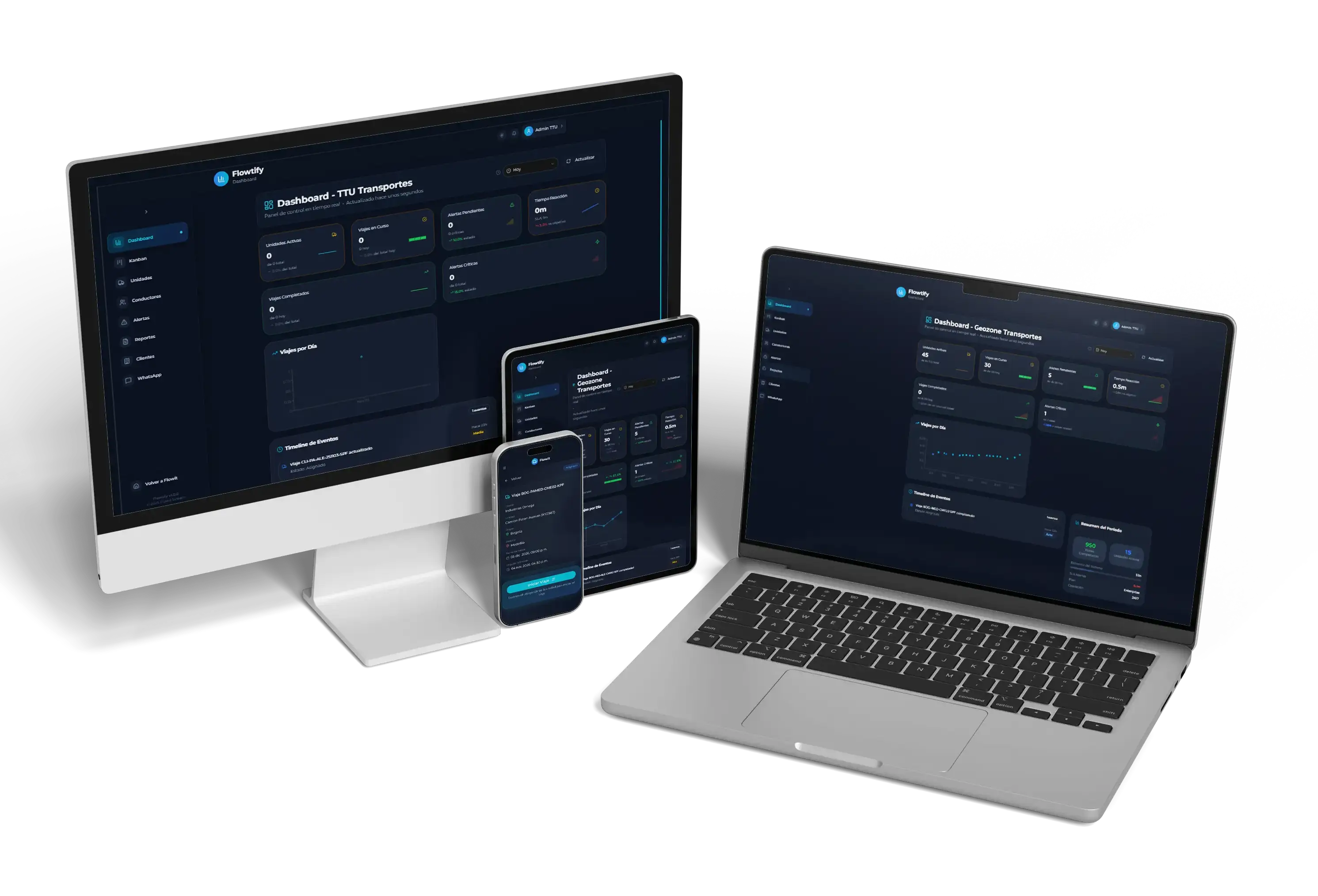 Interfaz del módulo Flowtify con tablero Kanban de viajes, mapa de unidades y panel de alertas