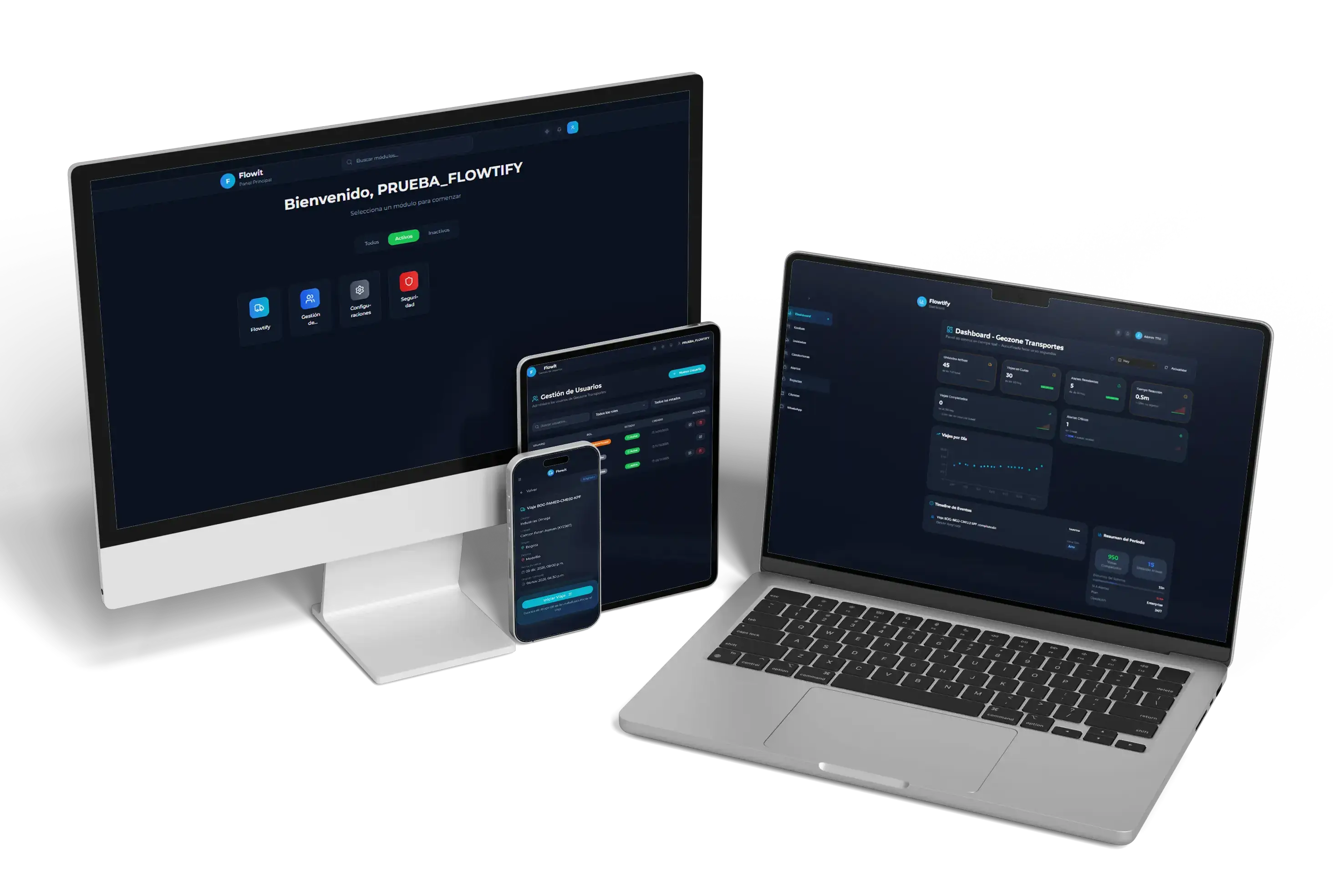 Vista integral de Flowit con tableros de viajes, mapa GPS y herramientas de monitoreo en tiempo real